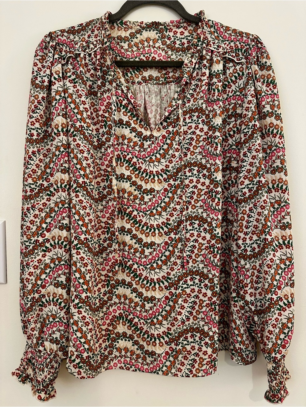 Printed Floral Long-Sleeve Blouse - Cream with Pink & Brown Floral Print
